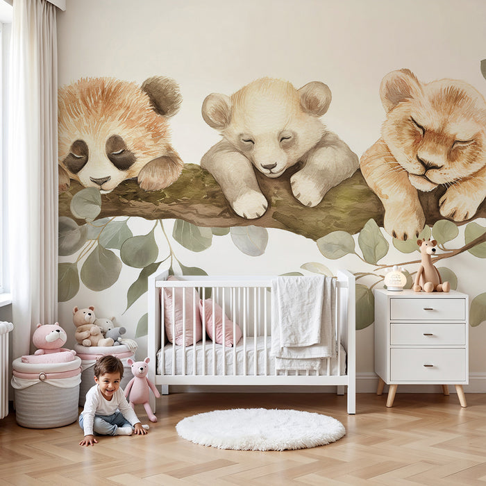 Papier peint chambre bébé | Bébé panda, ourson et lionceau endormis sur une branche