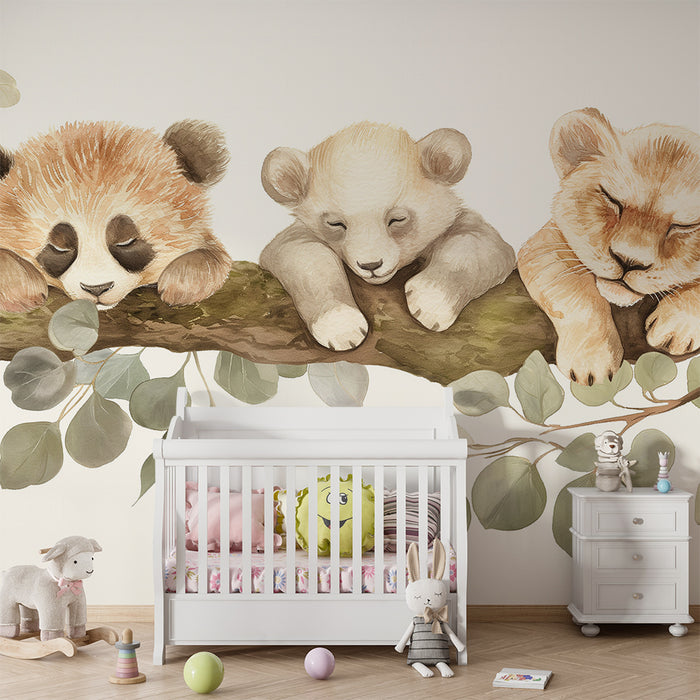 Papier peint chambre bébé | Bébé panda, ourson et lionceau endormis sur une branche