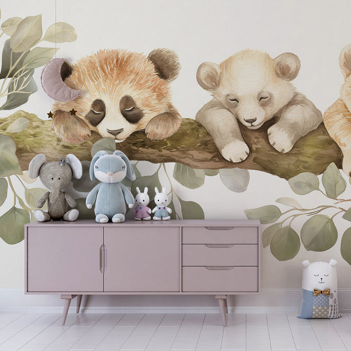 Papier peint chambre bébé | Bébé panda, ourson et lionceau endormis sur une branche