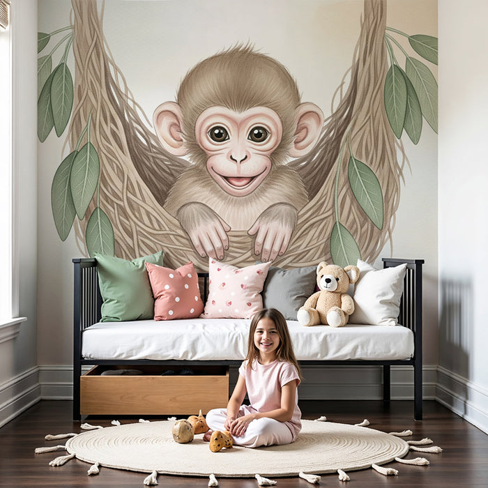 Børneværelse tapet | Baby abe i sin rede