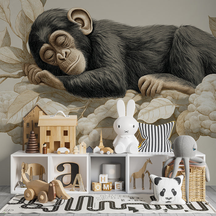 Barntapet | Sovande bebisapa på ett moln av löv