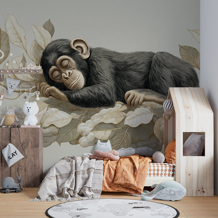 Barntapet | Sovande bebisapa på ett moln av löv