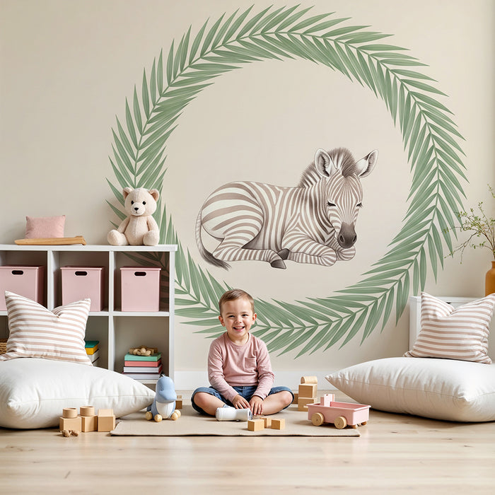 Lastenhuoneen tapetti | Nukkuva vauva seeprakehyksessä lehtien keskellä