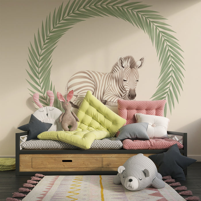 Lastenhuoneen tapetti | Nukkuva vauva seeprakehyksessä lehtien keskellä