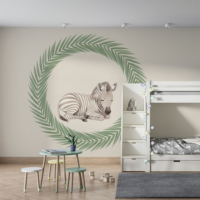 Lastenhuoneen tapetti | Nukkuva vauva seeprakehyksessä lehtien keskellä