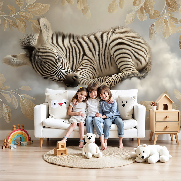 Papel de parede para quarto de bebé | Bebé zebra a dormir numa nuvem com folhagem suave
