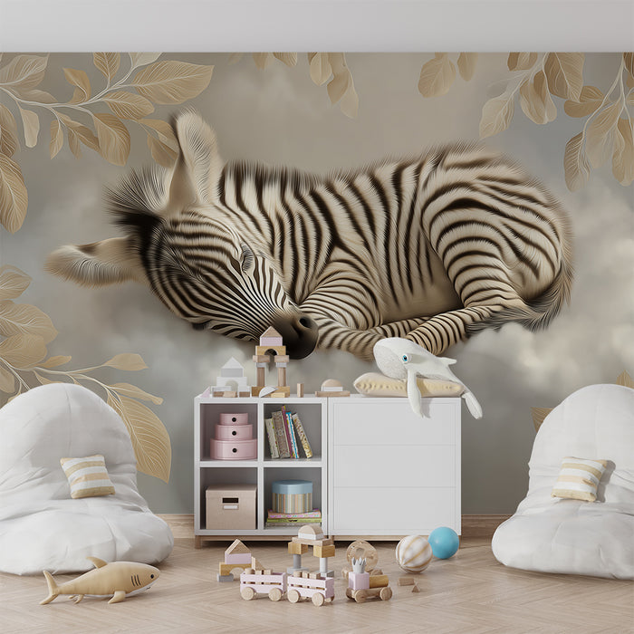 Papel de parede para quarto de bebé | Bebé zebra a dormir numa nuvem com folhagem suave
