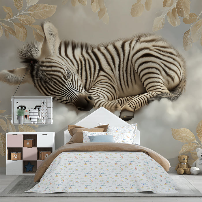 Papel de parede para quarto de bebé | Bebé zebra a dormir numa nuvem com folhagem suave