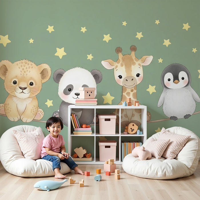 Papier peint chambre bébé | Bébés animaux sous les étoiles