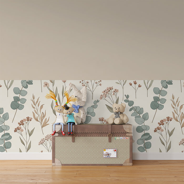 Papier peint chambre bébé | Beige taupe et soubassement fleurs