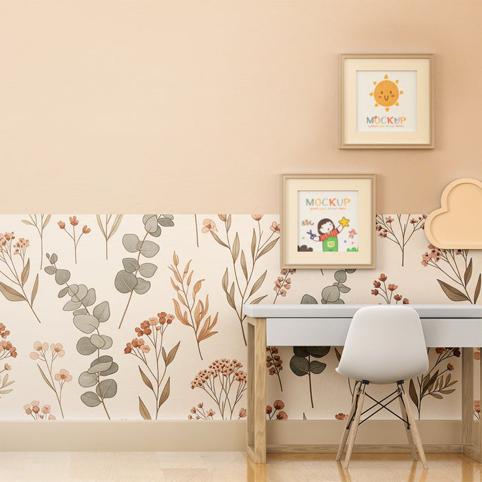 Papier peint chambre bébé | Beige taupe et soubassement fleurs