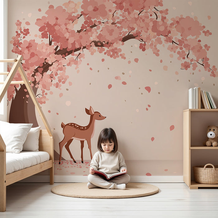Nursery room wallpaper | Doe under a cherry tree in bloom