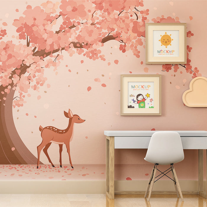 Nursery room wallpaper | Doe under a cherry tree in bloom