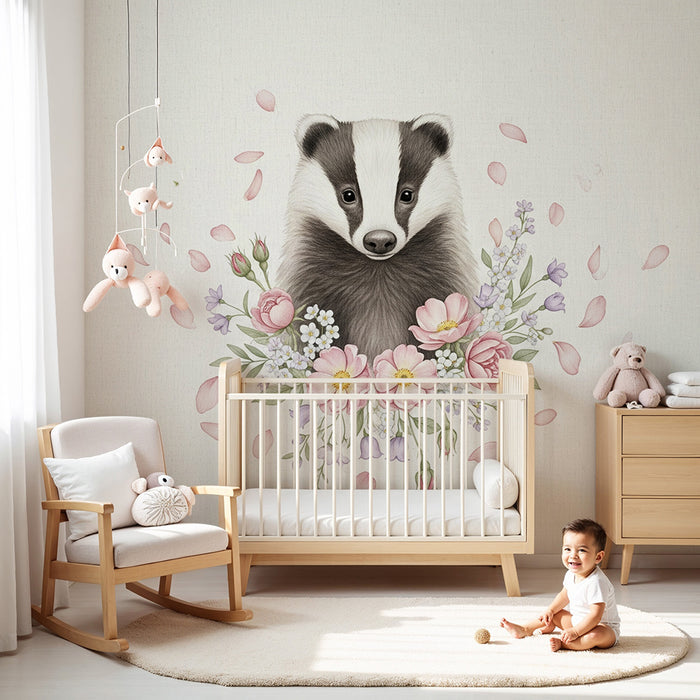 Papier peint chambre bébé | Blaireau adorable entouré de fleurs délicates