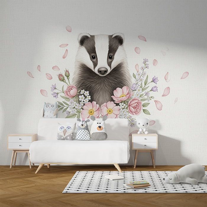 Papier peint chambre bébé | Blaireau adorable entouré de fleurs délicates