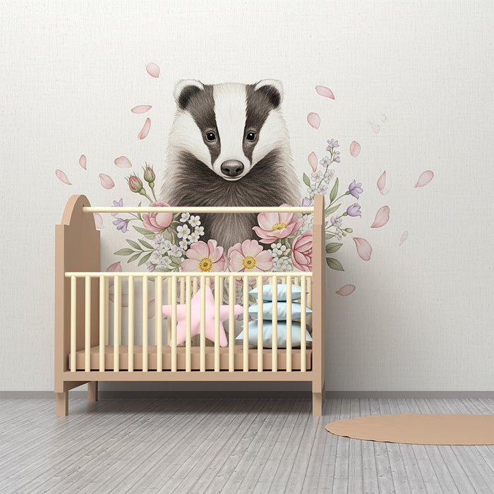Papier peint chambre bébé | Blaireau adorable entouré de fleurs délicates