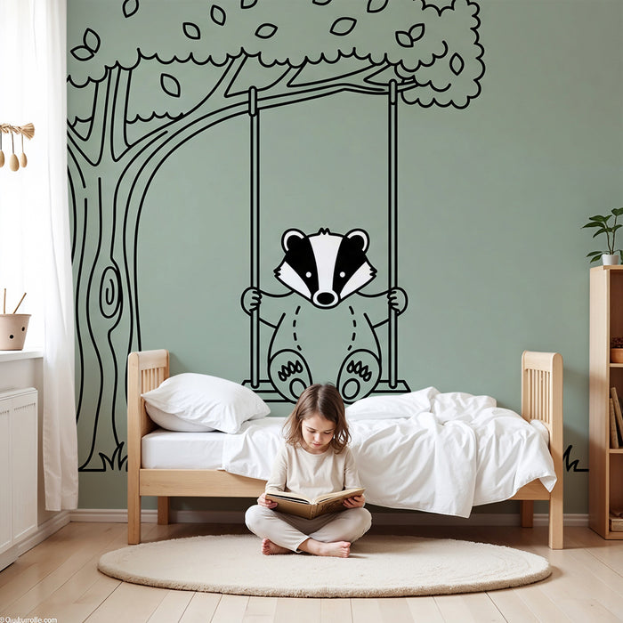 Behang voor babykamer | Schattige das op een schommel onder een boom