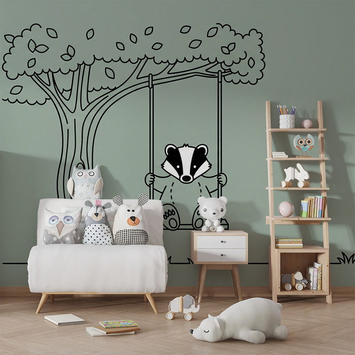 Behang voor babykamer | Schattige das op een schommel onder een boom