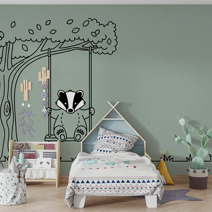Behang voor babykamer | Schattige das op een schommel onder een boom