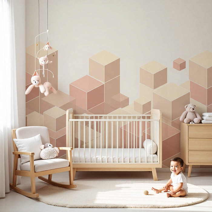 Papel de parede quarto bebê | Blocos geométricos em tons suaves de rosa e bege