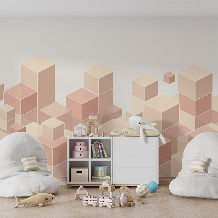 Papel de parede quarto bebê | Blocos geométricos em tons suaves de rosa e bege