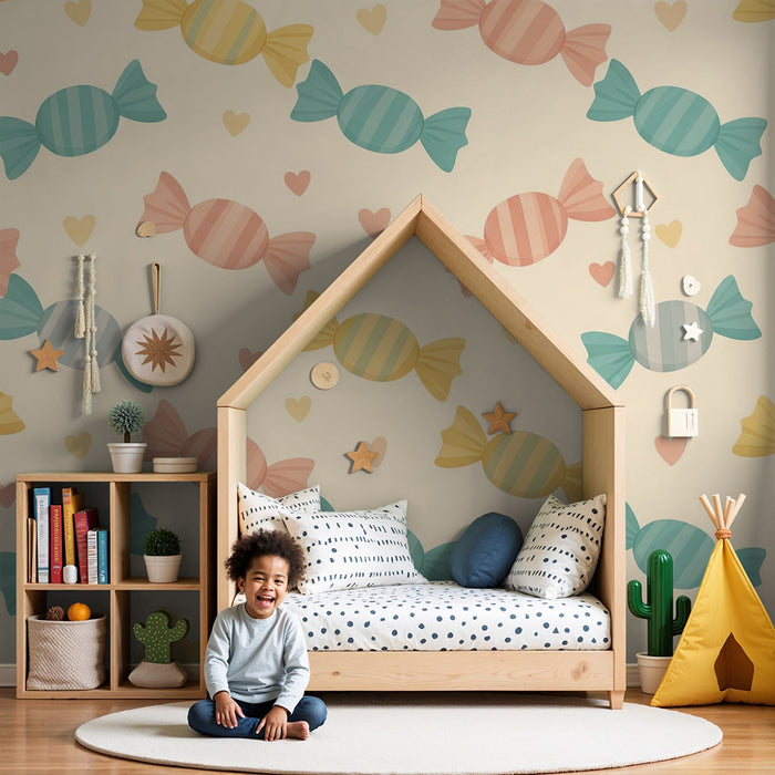 Babyzimmer Tapete | Bunte Bonbons und Herzen auf zartem Grund
