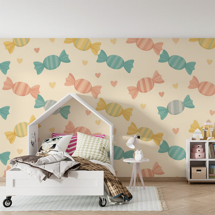 Babyzimmer Tapete | Bunte Bonbons und Herzen auf zartem Grund