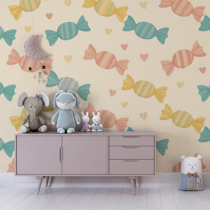Babyzimmer Tapete | Bunte Bonbons und Herzen auf zartem Grund