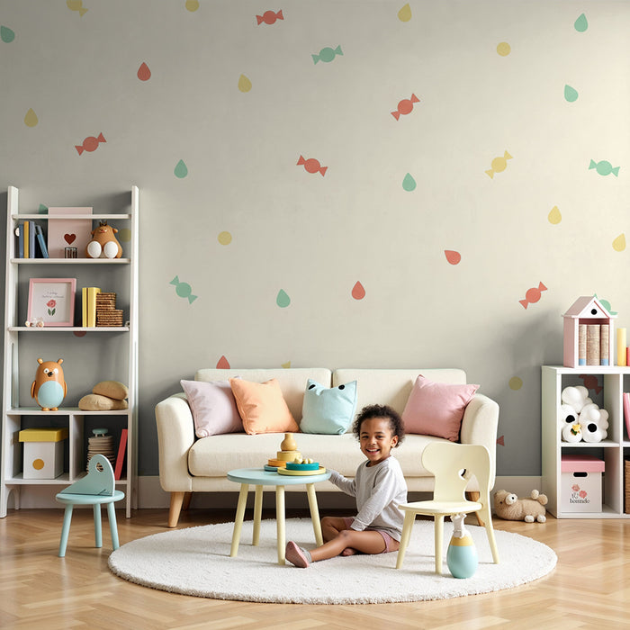 Babyzimmer-Tapete | Bunte Bonbons und Tropfen auf Pastellgrund