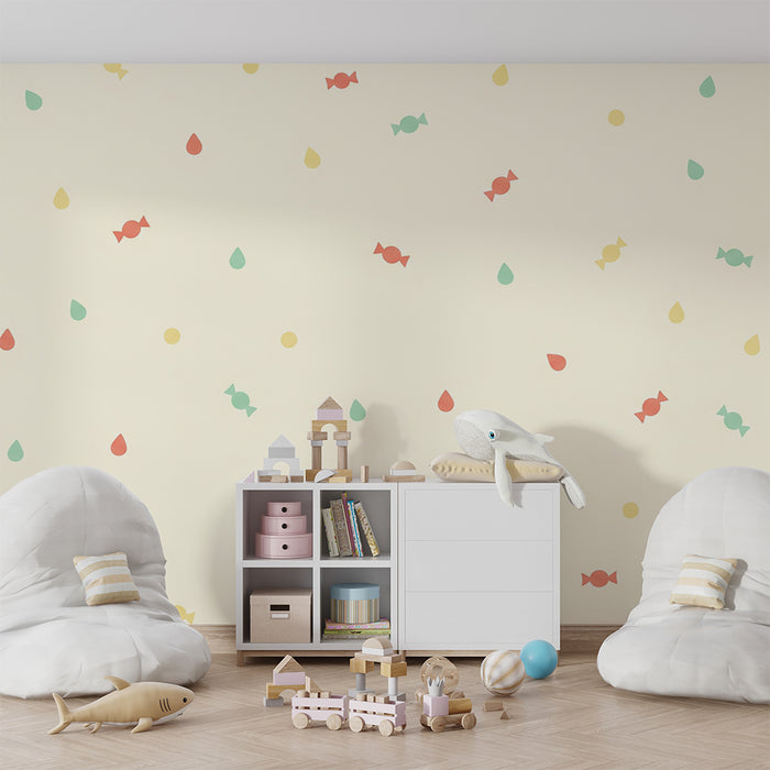 Babyzimmer-Tapete | Bunte Bonbons und Tropfen auf Pastellgrund