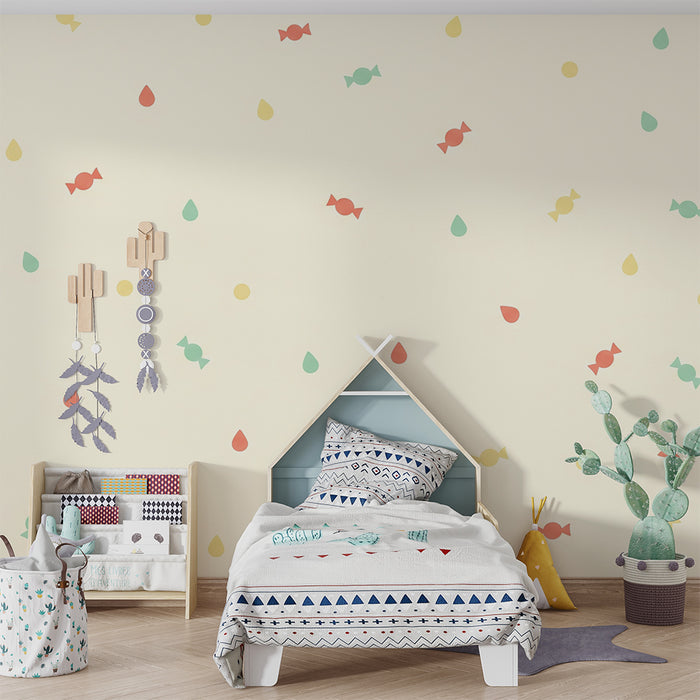 Babyzimmer-Tapete | Bunte Bonbons und Tropfen auf Pastellgrund