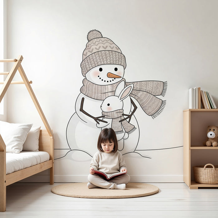 Papel de parede para quarto de bebé | Boneco de neiga abraçado com um coelhinho