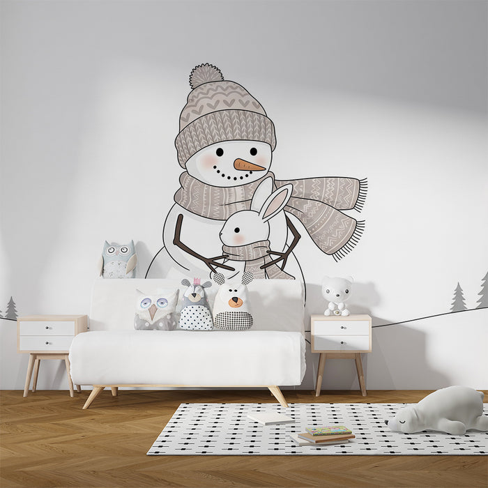 Papel de parede para quarto de bebé | Boneco de neiga abraçado com um coelhinho