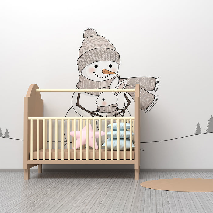 Papel de parede para quarto de bebé | Boneco de neiga abraçado com um coelhinho