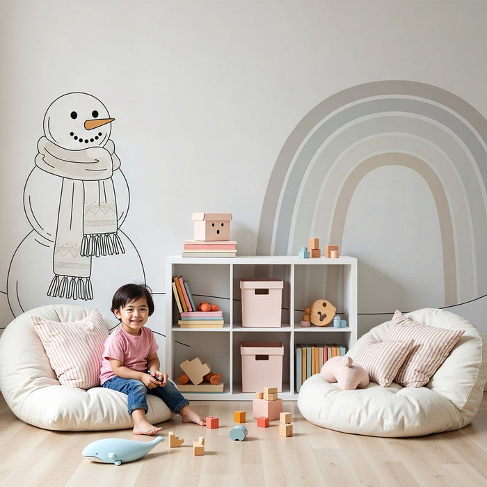 Papel pintado para habitación infantil | Muñeco de nieve y arcoíris pastel