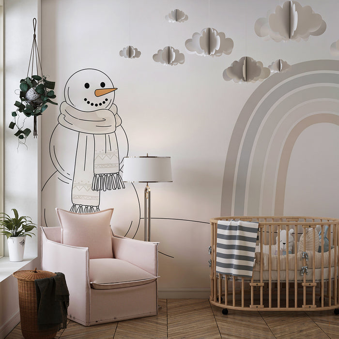 Papel pintado para habitación infantil | Muñeco de nieve y arcoíris pastel