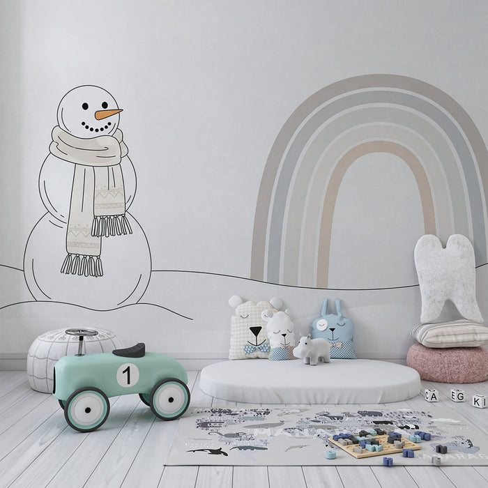 Papel pintado para habitación infantil | Muñeco de nieve y arcoíris pastel