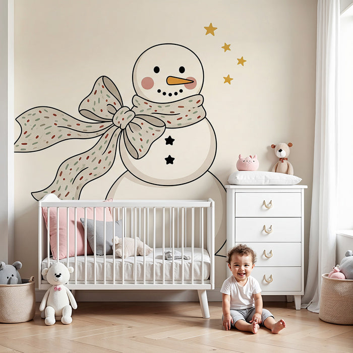 Babyzimmer Tapete | Lächelnder Schneemann mit bunter Schal