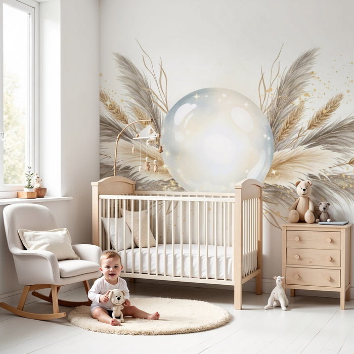 Papier peint chambre bébé | Boule magique entourée de plumes dorées et de paille