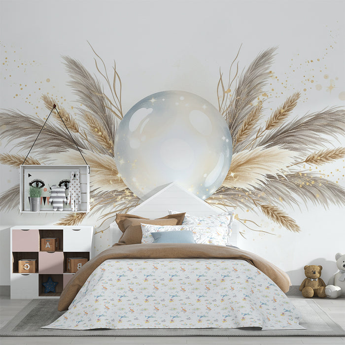 Papier peint chambre bébé | Boule magique entourée de plumes dorées et de paille