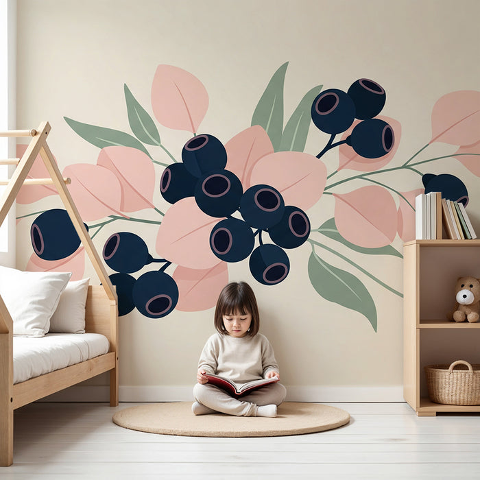 Baby room wallpaper | Pastel berry and leaf bouquet on a soft background
