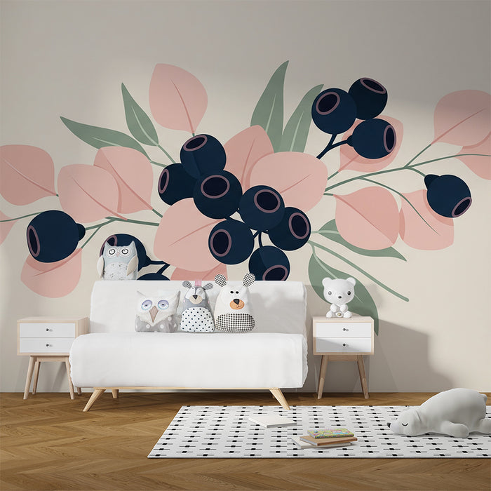 Baby room wallpaper | Pastel berry and leaf bouquet on a soft background