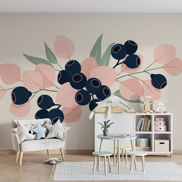 Baby room wallpaper | Pastel berry and leaf bouquet on a soft background