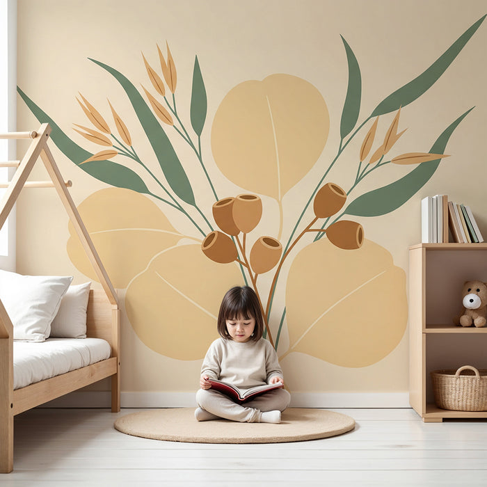 Papier peint chambre bébé | Bouquet de feuilles et de fleurs dans des tons doux