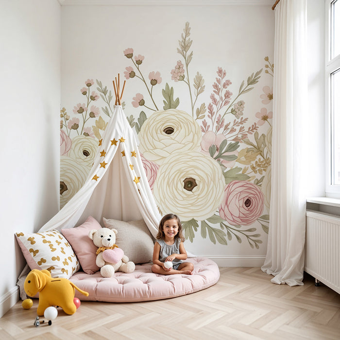 Papier peint chambre bébé | Bouquet de fleurs aux couleurs douces