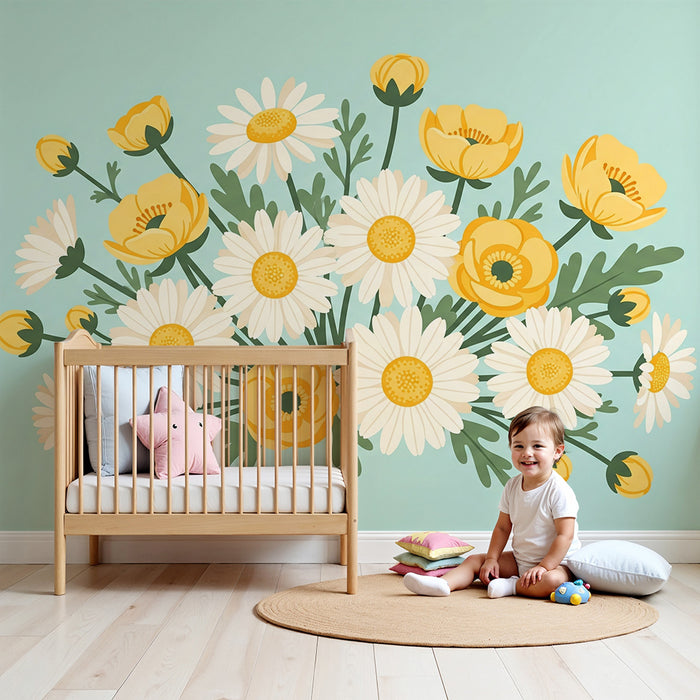 Barntapet | Bukett av vita och gula blommor på pastellfond