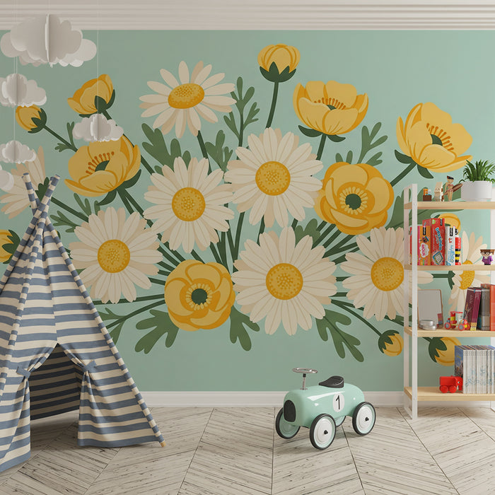 Barntapet | Bukett av vita och gula blommor på pastellfond