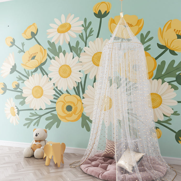 Barntapet | Bukett av vita och gula blommor på pastellfond