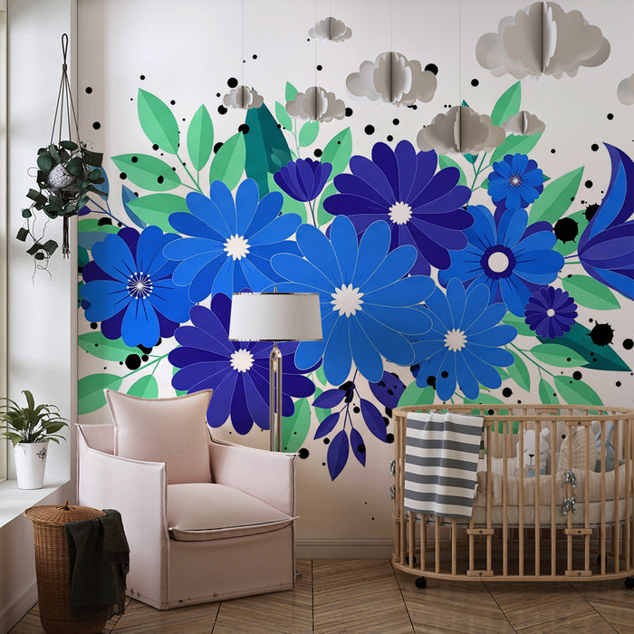 Χαρτί τοίχου δωματίου μωρού | Μπουκέτο μπλε και πράσινων λουλουδιών σε λευκό φόντο