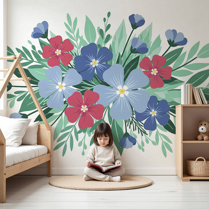Børneværelse tapet | Farverigt blomsterbuket med delikat løvwerk